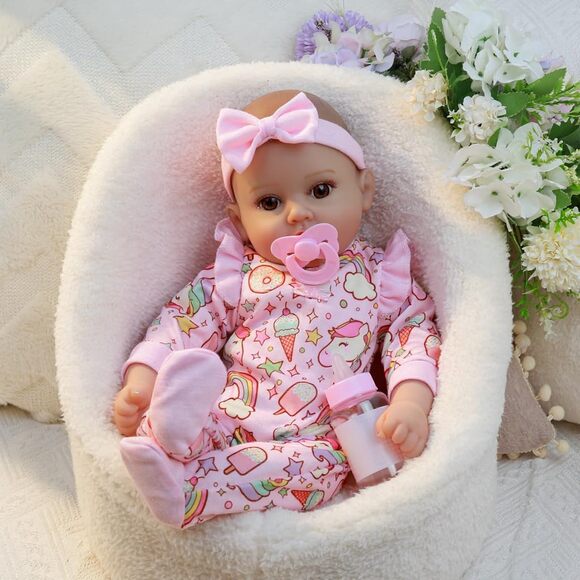 Realistic Reborn Baby Doll Girl 18 Inch Soft Body Brown Eyes Pink Outfit Gift - Picture 6 of 9